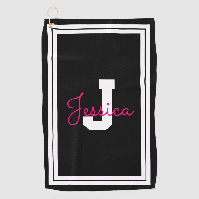 Framed Name & Monogram | Black White & Pink Golf Towel (Front)