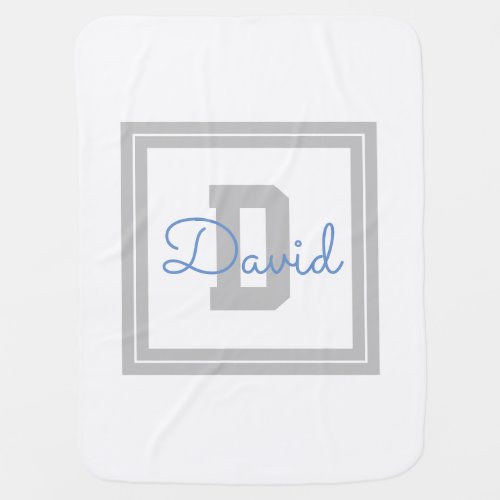 Framed Name  Monogram  Light Grey  Blue Baby Blanket