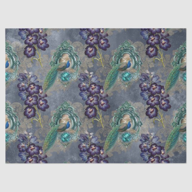 Framed Peacocks and Purple Flowers Decoupage Tissue Paper (Front)
