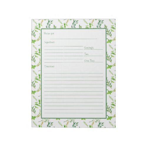 Framed Recipe Page for Green Herb Leaves Binder Notepad