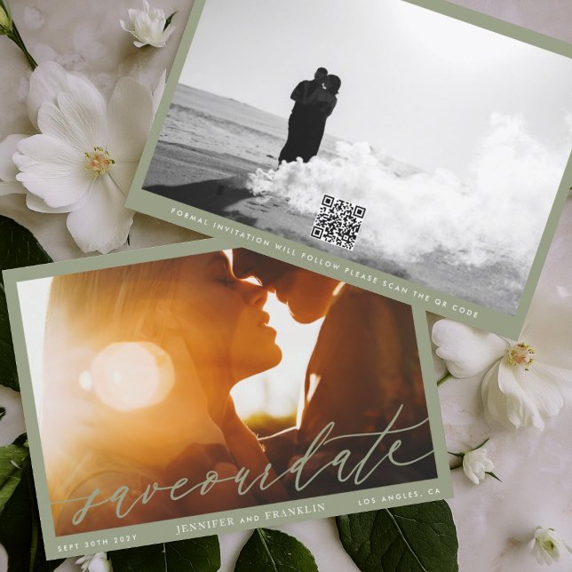 Framed Sage Green QR Code Photo Calligraphy Save The Date (Creator Uploaded)