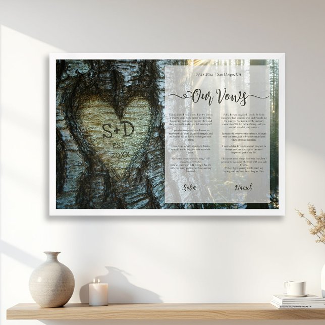Framed Wedding Vows Forest Carved Heart Glow Gift Art (framed wedding vows newlywed anniversary gift elegant script forest carved heart art photo initials)