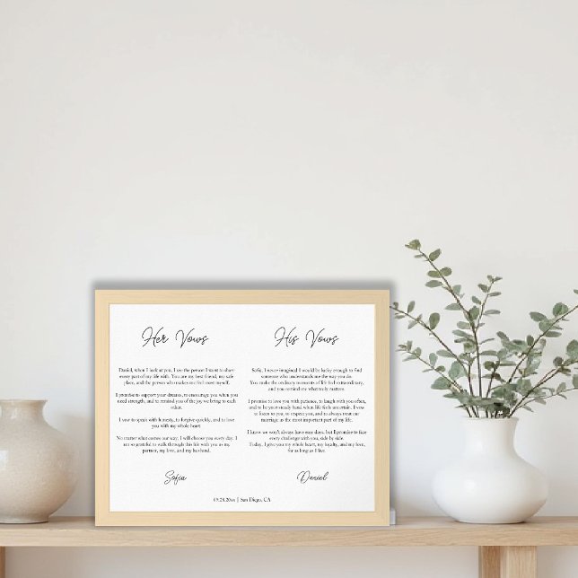 Framed Wedding Vows His Hers Elegant Calligraphy Framed Art (framed wedding vows newlywed anniversary gift elegant script modern calligraphy typography print)