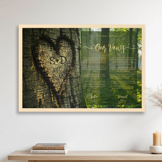 Framed Wedding Vows Summer Forest Tree Heart Gift Art (framed wedding vows newlywed anniversary gift elegant script summer forest carved heart initials)