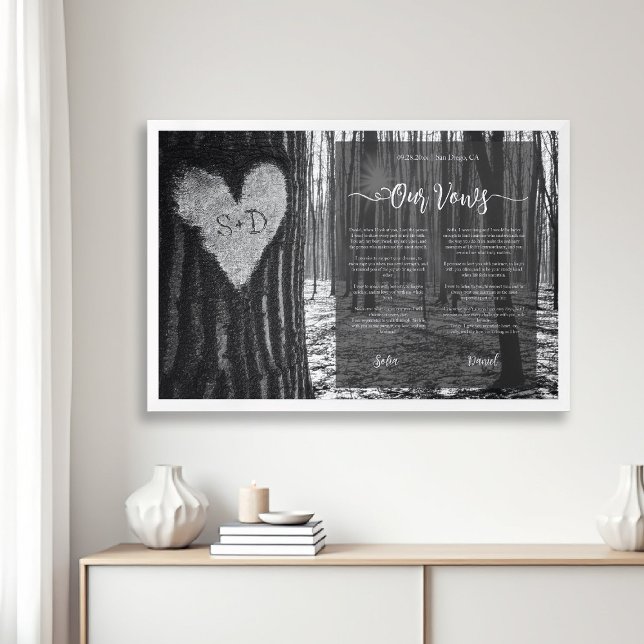 Framed Wedding Vows White Black Forest Heart Gift Art (framed wedding vows newlywed anniversary gift black white forest carved heart art photo initials)