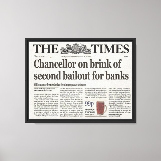 Framing the Bitcoin Genesis Block: The Times 03/Ja Canvas Print (Front)