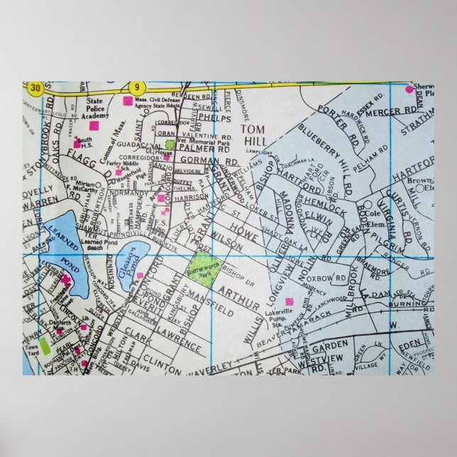 Framingham, MA Vintage Map Poster (Front)