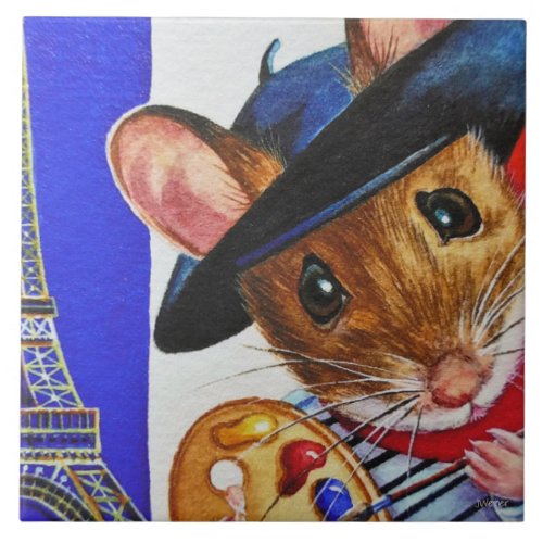 France Artist Mouse Eiffel Tower Watercolor Art Ceramic Tile