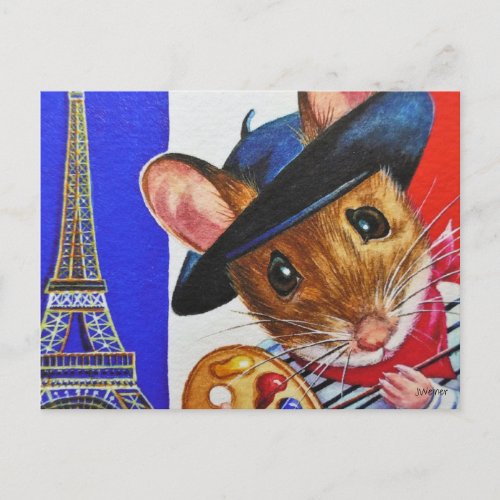 France Artist Mouse Eiffel Tower Watercolor Art  Postcard