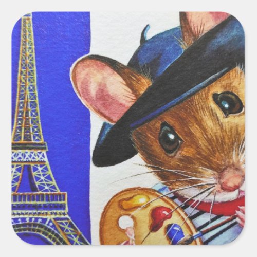 France Artist Mouse Eiffel Tower Watercolor Art  Square Sticker