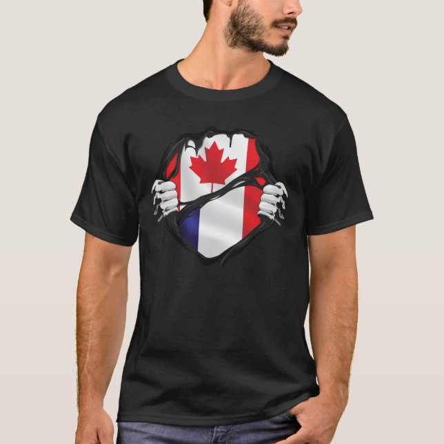France Canadian Hands Ripped Roots Flag  T-Shirt (Front)