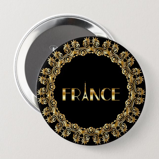 France, Eiffel Tower, Elegant Gold Design, Button (Front & Back)