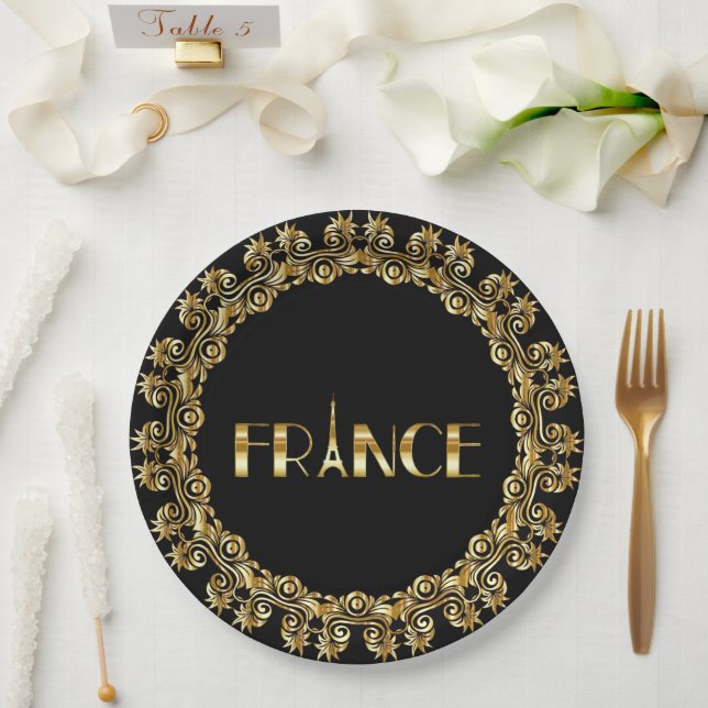 France, Eiffel Tower, Elegant Gold Design, Paper Plates (Wedding)