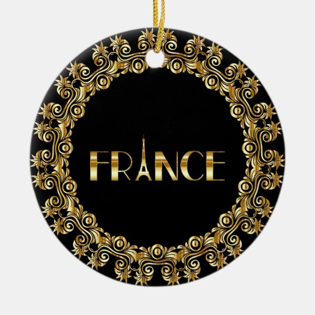 France, Eiffel Tower, Gold Design Ceramic Ornament (Front)