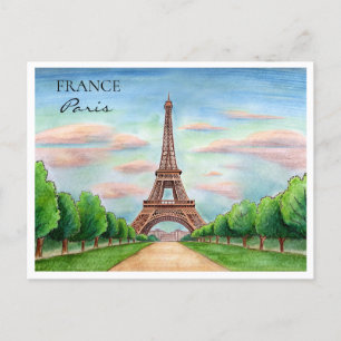 France Eiffel Tower Watercolor Postcard
