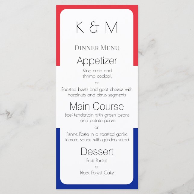 France Flag Colors French Dinner Menu (Front)