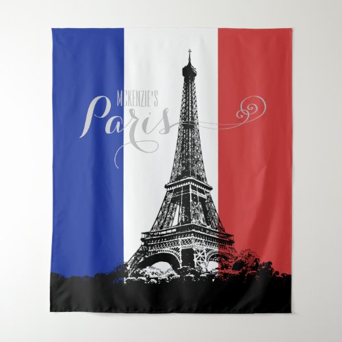 France Flag Eiffel Tower Red White Blue Monogram Tapestry