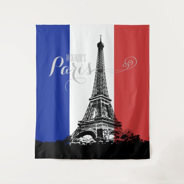 France Flag Eiffel Tower Red White Blue Monogram Tapestry (Front)