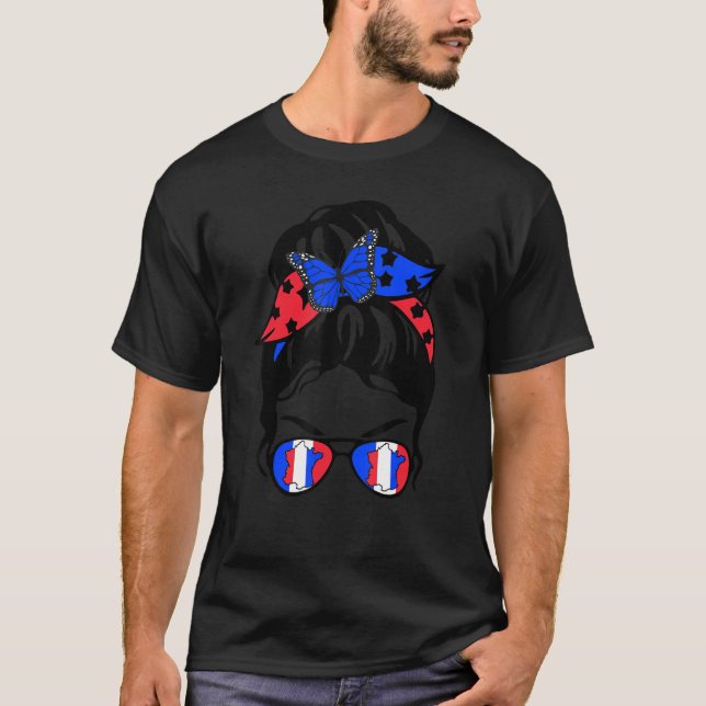 France Flag Patriotic French Pride Messy Bun Wife  T-Shirt (Front)