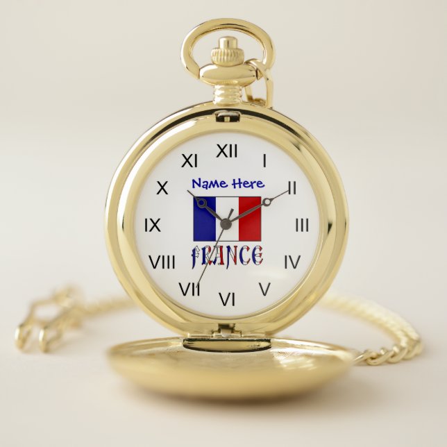 France French Flag Blue Personalized Roman Numeral Pocket Watch (Inside)