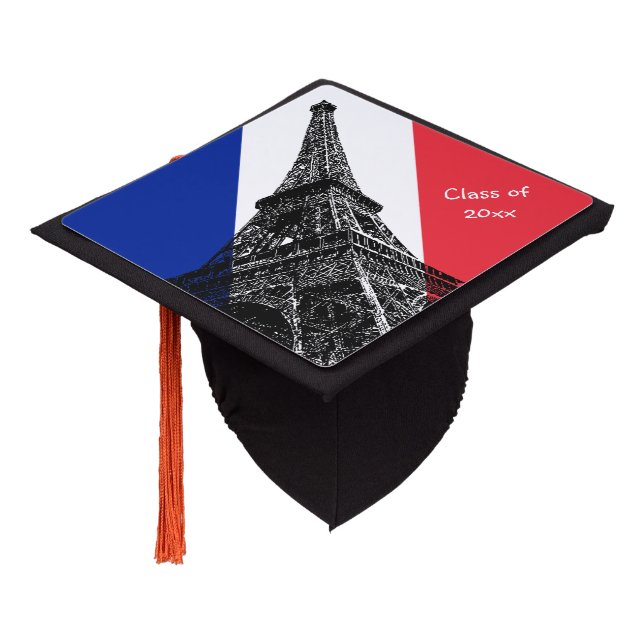 France & French Flag Eiffel, Students / University Graduation Cap Topper (Angled)