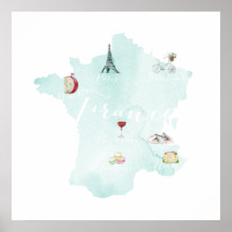 France Illustrated Watercolor Wall Art Map
