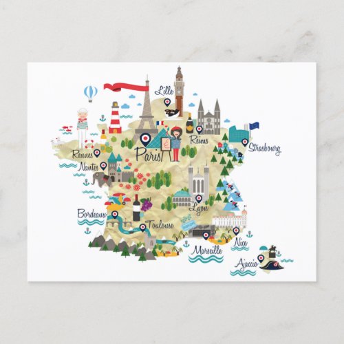 France Map Tourists Destinations  Postcard
