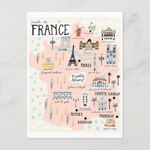 France Map with Tourists Destinations Postcard