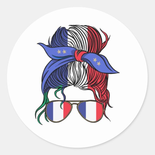 France messy bun with French Flag Classic Round Sticker