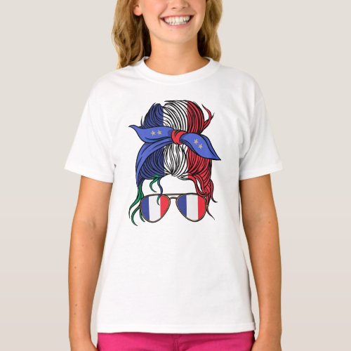France messy bun with French Flag T_Shirt