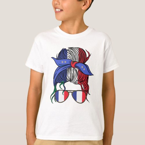 France messy bun with French Flag T_Shirt