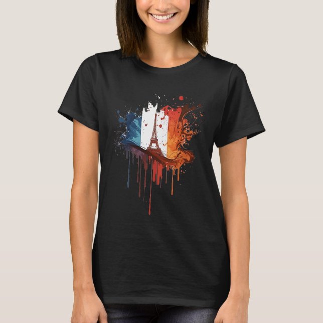 France Paris Abstract Splatter French Flag Eiffel  T-Shirt (Front)