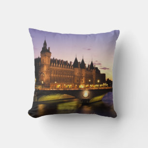 France, Paris, River Seine and Conciergerie Throw Pillow
