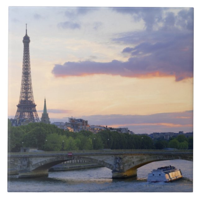 France,Paris,tour boat on River Seine,Eiffel Ceramic Tile (Front)