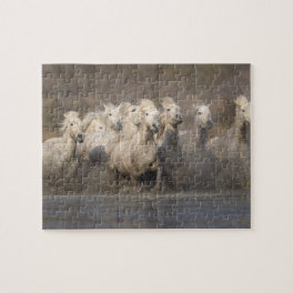 France, Provence. White Camargue horses running Jigsaw Puzzle