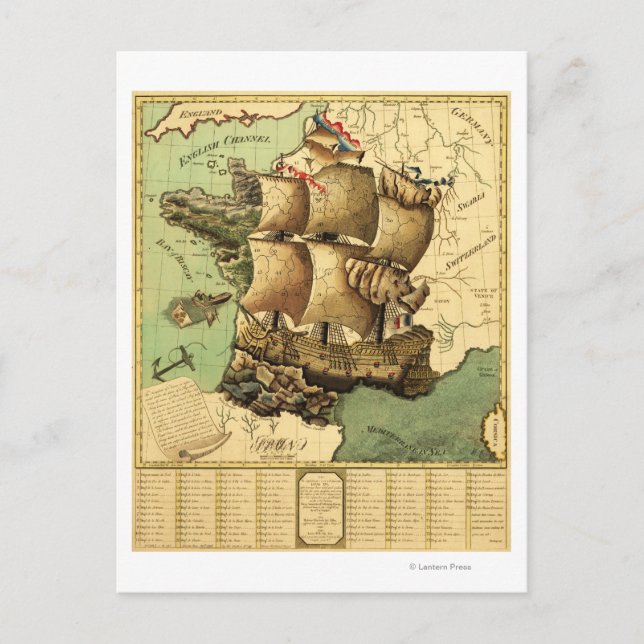 France Represented as a ShipPanoramic Map Postcard (Front)