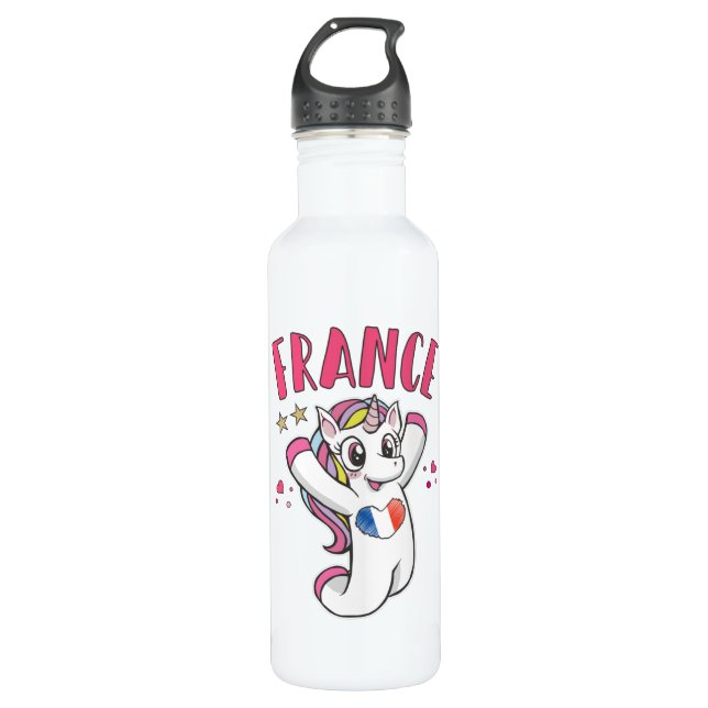 France Soccer Fan Unicorn with heart flag Stainless Steel Water Bottle (Front)