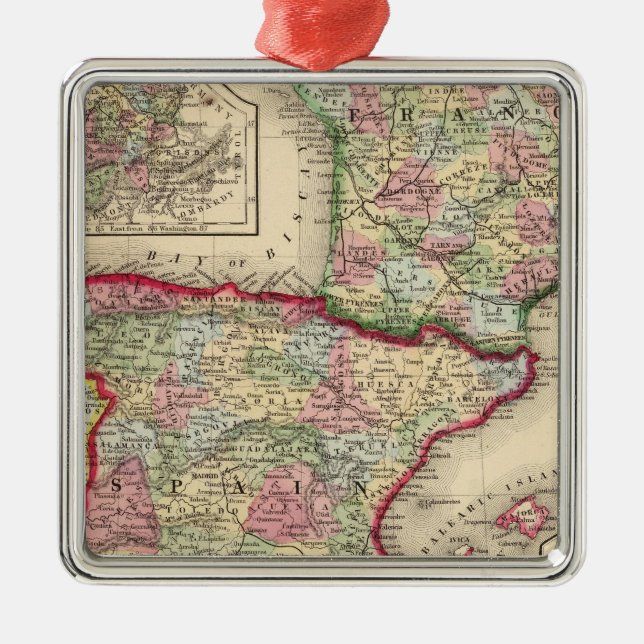 France, Spain, Portugal Map by Mitchell Metal Ornament (Front)