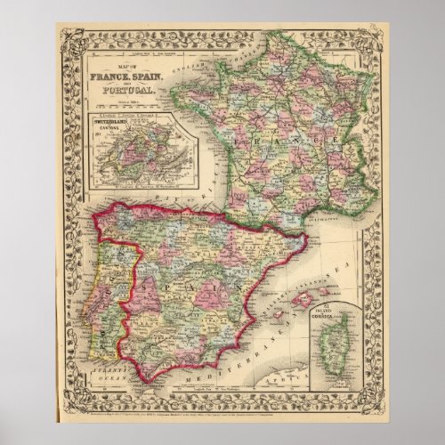 France Spain Portugal Map by Mitchell Poster