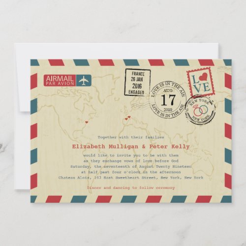 France Spain Vintage Airmail World Travel Wedding Invitation