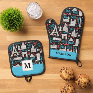 France   Symbols Pattern Oven Mitt & Pot Holder Set