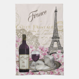 FRANCE, TOUR EIFFEL, PARIS, WINE, FRENCH CHEESE KITCHEN TOWEL