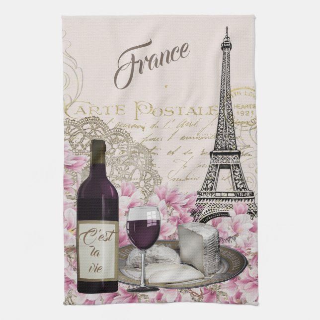 FRANCE, TOUR EIFFEL, PARIS, WINE, FRENCH CHEESE KITCHEN TOWEL (Vertical)
