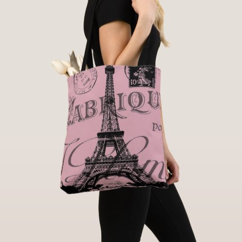 france travel chic pink vintage paris eiffel tower tote bag