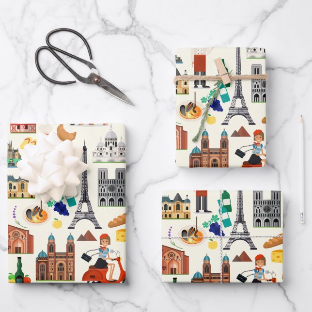 France Travel Icons Design Wrapping Paper Sheets (Front)