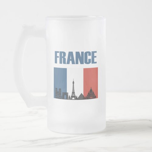 France Travel _ Paris City Skyline French Flag Frosted Glass Beer Mug