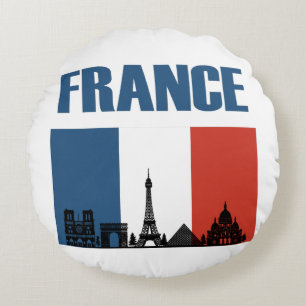 France Travel - Paris City Skyline French Flag Round Pillow
