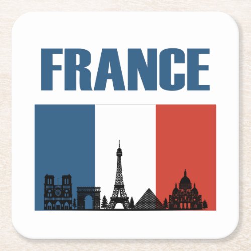 France Travel _ Paris City Skyline French Flag Square Paper Coaster