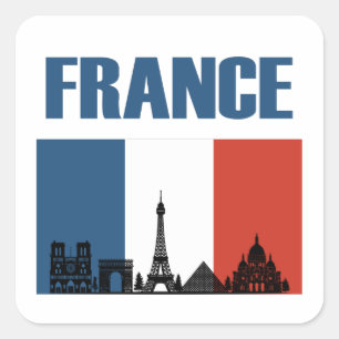 France Travel - Paris City Skyline French Flag Square Sticker