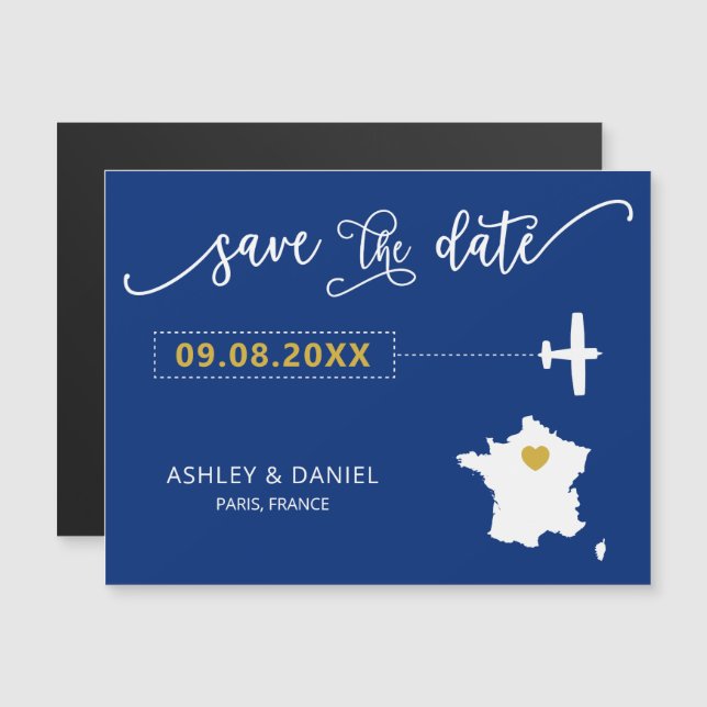 France Wedding Save the Date Card, Map Magnetic Invitation (Front/Back)